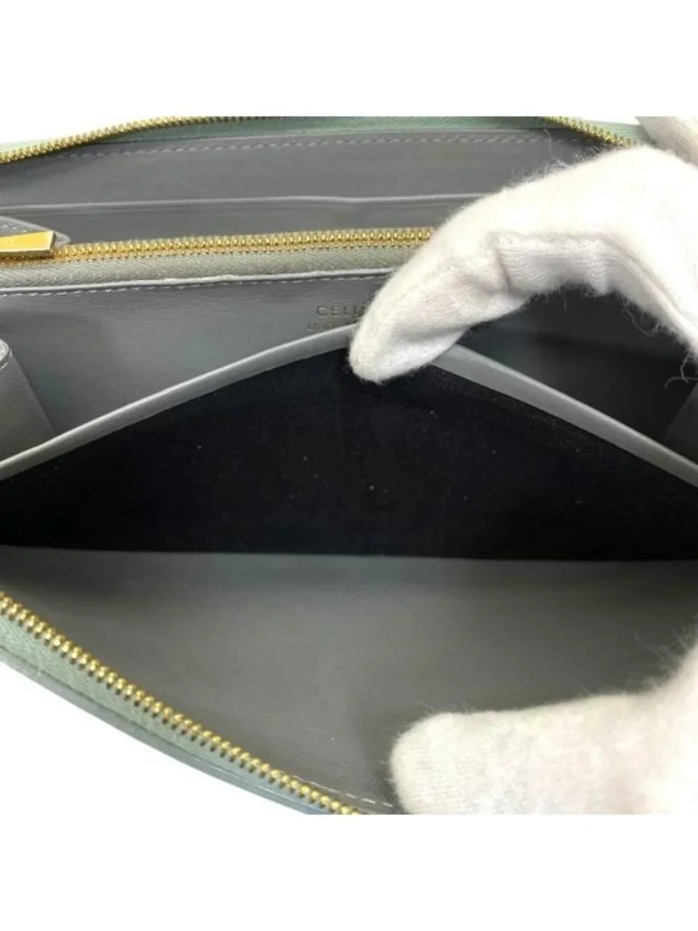 Celine Wallet Long Round Zipper Logo Leather Green